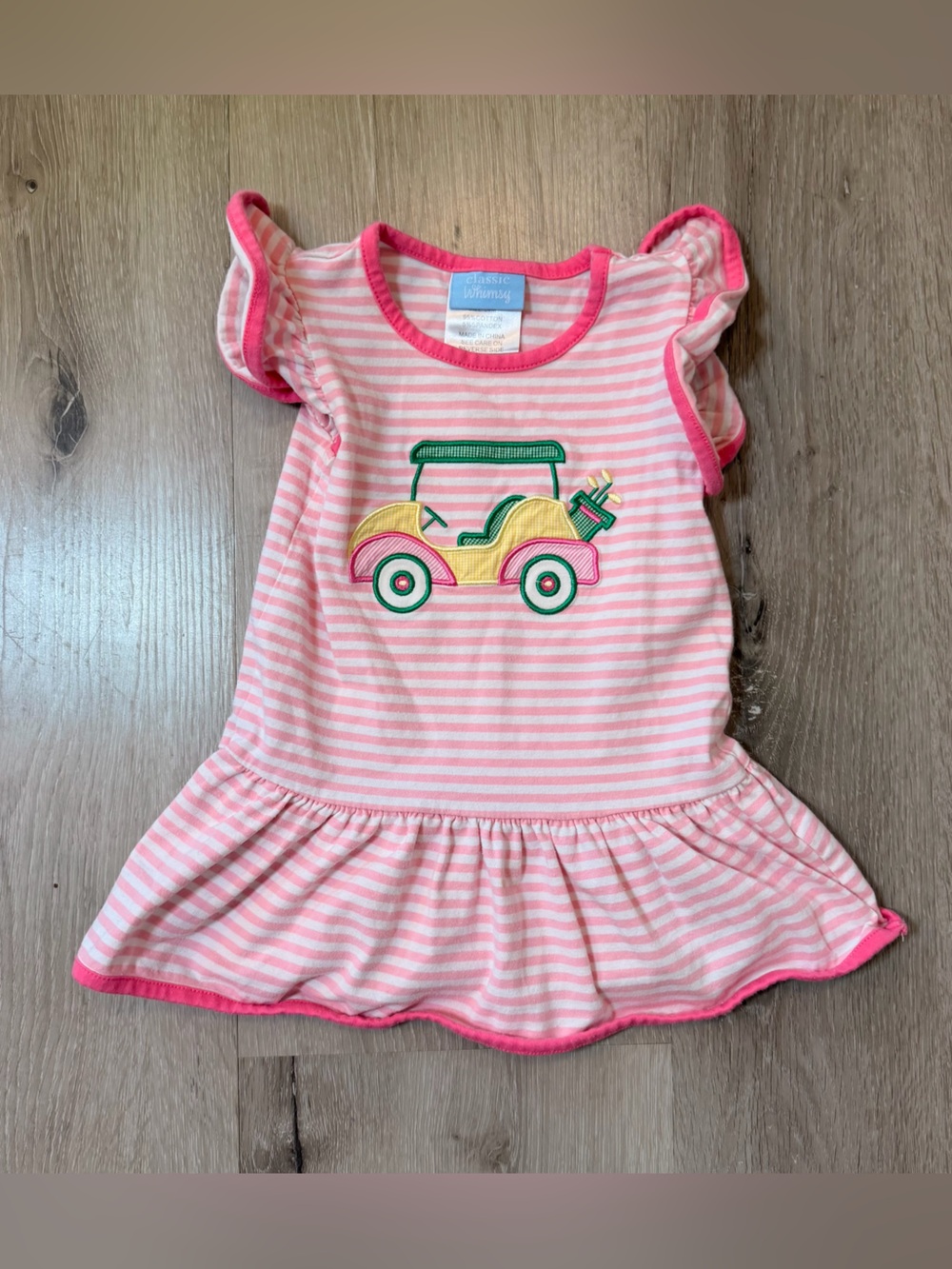 Classic Whimsy Pink Stripe Golf Cart Applique Flutter Sleeve Dress 24M